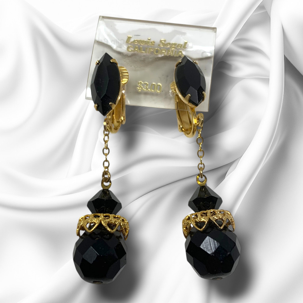Vintage NEW 1960's Lewis Segal Black Crystal Dangle Earrings Leverback Couture